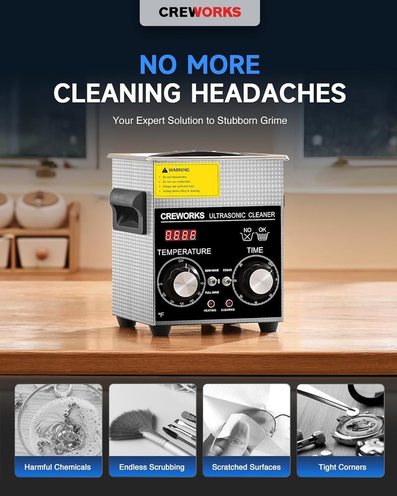 CREWORKS 2L Ultrasonic Cleaner with Degas & Gentle Modes, 60W Stainless Steel Ultrasonic Cleaner Machine with Heater and Timer, Ultrasonic Parts Cleaner with Knob Control for Jewelry Glasses Watch - Image 2